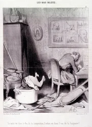 Spotprent over vrouwelijke schrijvers. Serie Bas Bleus: De moeder is in het vuur van de compositie, het kind is in het water van het bad! Gravure door Honore Daumier. Uit de krant Le Charivari op 20 februari