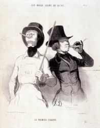 Spotprent over jonge Dandys. Serie The Beautiful Days of Life: De eerste sigaar. Gravure door Honore Daumier. Uit de krant Le Charivari op 31 december 1843 Dim 37x25cm Inv 1089 - box 8 N°12. Marseille, Musee des Beaux