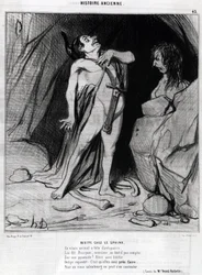 Cartoon door Honore Daumier over Oedipus en de Sfinx, -in "Charivari", 12 december