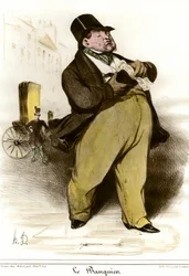 Karikatuur van een bankier. Tekening van Honoré Daumier (1808-1879) uit „Le Charivari”, 1835. Privécollectie