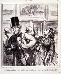 Spotprent over kunstliefhebbers: Serie Au salon: Laten we vertrekken mevrouw... deze naakten zijn schandalig... ik kom alleen terug. Gravure door Honore Daumier. Uit de krant Le Charivari op 5 mei