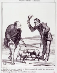 Spotprent over jagers: Serie Autumn Sketch: Meneer, gezien de volledige afwezigheid van wild, geef me alstublieft toestemming om uw hond neer te schieten... Gravure door Honore Daumier. Uit de krant Le Charivari op 28 september