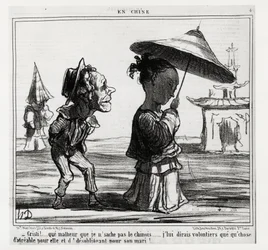 Christi! Ik weet niet hoe ik Chinees moet spreken... Ik zal haar graag iets aangenaams voor haar en onaangenaams voor haar man vertellen!... In serie En Chine, illustratie door Honore Daumier, gepubliceerd in 