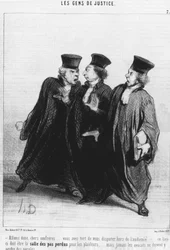 Kom op, beste confrères... je hebt ongelijk om buiten de rechtbank te ruziën... deze plaats moet de rechtszaal zijn voor procespartijen... maar advocaten mogen nooit woorden verliezen... uit de "Gens de Justice", serie cartoons over Justitie door Honore Da
