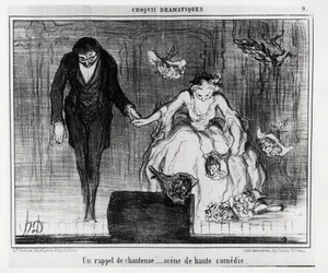 Dramatische schetsen: een zanger herinnering, scène uit de hoge komedie. Illustratie van Honore Daumier, gepubliceerd in 