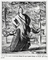 Europa: de wolk van eenden verduistert de lucht zo erg dat arme Europa niet meer weet welke weg ze moet nemen. Illustratie door Honore Daumier, gepubliceerd in het nieuws, 