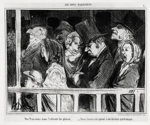 Goede Parijzenaars: Parijzenaars wachten op vermaak, twee uur in de rij voor een of ander theater. Illustratie door Honoré Daumier (1808-1879), gepubliceerd in "Le Charivari", gedateerd 5 maart