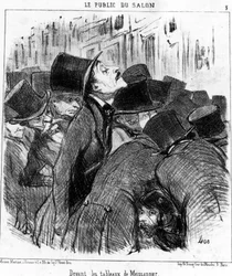 Voor de schilderijen van Meissonnier, uit "Schilderijen en Salons", cartoonserie door Honore Daumier (1808-1879). "Charivari"