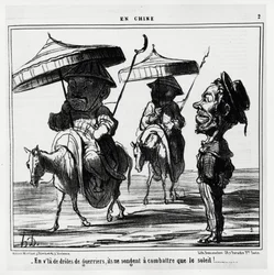 In deze grappige krijgers denken ze alleen aan het vechten tegen de zon. In serie En Chine, illustratie door Honore Daumier, gepubliceerd in 