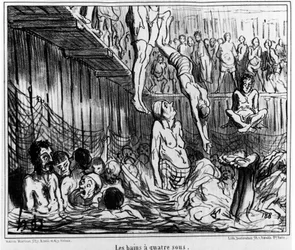 De baden voor vier sous: illustratie uit "Zomerschets", serie cartoons over zwemmen en het vier-sous bad door Honore Daumier (1808-1879). "Charivari"