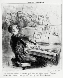 Muzikale schetsen: een heer die graag wil bewijzen dat hij tegelijkertijd kan zingen en piano spelen, wat zeer schandelijk is. Illustratie door Honore Daumier (1808-1879), gepubliceerd in "Charivari", datum 17 februari 1852.
