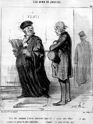 Mijn beste heer, het is absoluut onmogelijk voor mij om uw zaak te behagen... u mist de belangrijkste stukken... (apart) de munten!... , uit de "Gens de Justice", serie cartoons over Justitie door Honore Daumier (1808-1879). "Charivari"