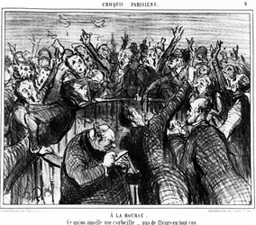 Op de beurs, wat een mand wordt genoemd, in ieder geval geen bloemen: serie karikaturen over de beurs van Honore Daumier. 