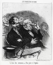 Parijzenaars in 1852: de bank van amateurs, uitzicht genomen bij de opera. Illustratie van Honore Daumier (1808-1879), gepubliceerd in het nieuws, 