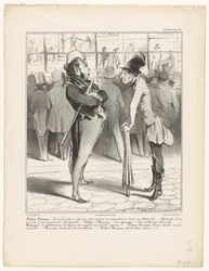 Robert-Macaire in gesprek met Bertrand voor de etalage van een prenthandel (Caricaturana)
