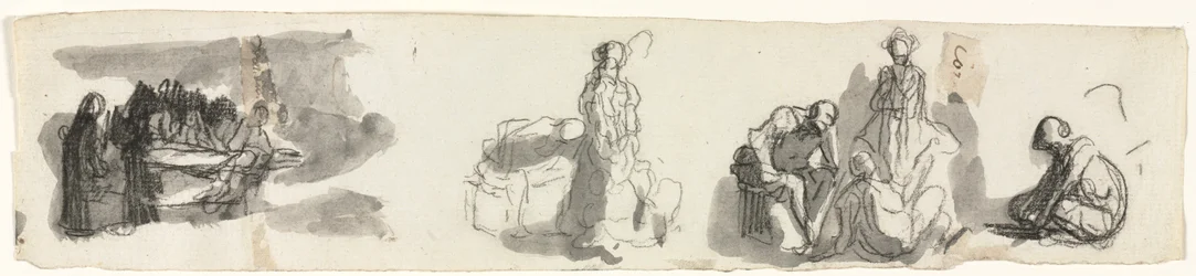 Blad met studies met een groep van vier figuren rechts