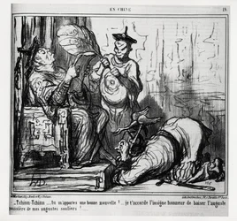 Tchinn Tchinn... Je brengt me goed nieuws! Ik verleen je de grote eer om het augustijnse stof van mijn augustijnse schoenen te kussen. In serie En Chine, illustratie door Honoré Daumier (1808-1879), gepubliceerd in 