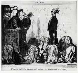 De Amerikaanse gezant krijgt een audiëntie van de keizer van China (in serie En Chine, illustratie door Honore Daumier, gepubliceerd in Charivari, gedateerd 21 oktober)