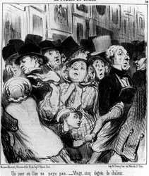 Het publiek van de show. Een dag betaal je niet. Vijfentwintig graden warmte, uit "Schilderijen en Salons", cartoonserie door Honore Daumier (1808-1879). "Charivari"