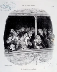 Het vijfde bedrijf heeft de Gaite. Uitdrukkingen van het gezicht van het publiek tijdens de show (verveling, vermoeidheid, desinteresse) Caricatuur door Honoré Daumier (1808-1879)