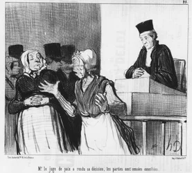 De vrederechter heeft zijn beslissing genomen, de partijen zouden verzoend moeten zijn..., cartoon door Honore Daumier. "Charivari"