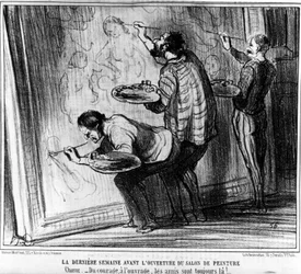 De laatste week voor de opening van de Salon de Peinture. Van moed tot werk, vrienden zijn er altijd!... (uit Schilderijen en Salons, cartoonserie door Honore Daumier, gepubliceerd in Charivari)