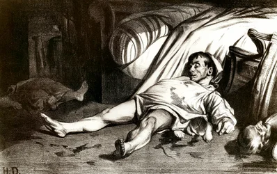 Het bloedbad in de Rue Transnonain op 14/04/1834: het leger slacht de bewoners van het gebouw aan 12 Rue Transnonain in Parijs af en herovert het na de dood van een van hun officieren - Lithografie van Honoré Daumier (1808-1879), 1837. Privécollectie