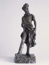 De ratapoil, een politieke cartoonist die de doodgraver van de Republiek vertegenwoordigt. Bronzen sculptuur met zand door Honore Daumier (1808-1879)