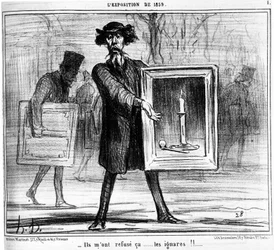 Ze weigerden me... de onwetenden!!... , uit "Schilderijen en Salons", cartoonserie door Honore Daumier (1808-1879). "Charivari"