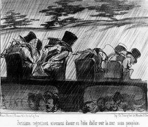 Treinen van plezier: reizigers in de regen - door Daumier, in "Charivari" van 28/08/1852.