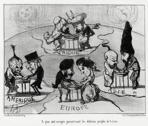 Tafels draaien (fluidomanie): waar momenteel de verschillende volkeren van de aarde mee bezig zijn. Illustratie door Honore Daumier (1808-1879), gepubliceerd in het nieuws, "Charivari", gedateerd 22 juni