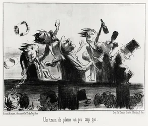 Een plezierige trein iets te vrolijk, in serie Les chemins de fer, illustratie door Honore Daumier (1808-1879), gepubliceerd in "Charivari", gedateerd 20 augustus 1852.