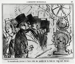 Universele tentoonstelling: een draaitafel, ontworpen om kippen te braden met de kracht van negenentwintig paarden. Illustratie door Honoré Daumier (1808-1879), gepubliceerd in het nieuws, 