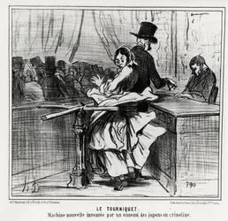 Universele tentoonstelling: het draaihek: een nieuwe machine uitgevonden door een vijand van crinoline rokken. Illustratie door Honore Daumier, gepubliceerd in het nieuws, 
