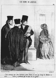 Wat jammer dat deze lieve kleine vrouw me niet heeft gevraagd om haar zaak te verdedigen... zoals ik zou betogen dat haar man een schurk is!... (uit de serie Mensen van Justitie, cartoons over Justitie door Honore Daumier, gepubliceerd in Charivari)