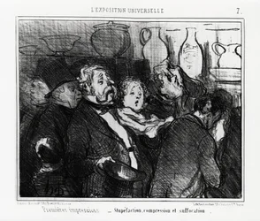 Wereldtentoonstelling: eerste indrukken: verbijstering, compressie en verstikking. Illustratie van Honore Daumier, gepubliceerd in 