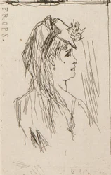 a. Hoofd van een oude man door Daumier (linksboven); b. Chez Charles Beriot door Taiee (middenboven); c. Hoofd van een jonge vrouw door Rops (rechtsboven); d. Rivierlandschap door Harpignies (middenonder); e. Profiel van een jonge vrouw