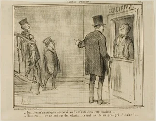 "- Maar u vertelde me dat kinderen niet zijn toegestaan in dit huis... - Meneer, dit zijn geen kinderen... het zijn de zonen van de eigenaar!...," plaat 23 uit Croquis Parisiens, - par Daumier