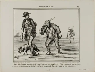 "Kom, kom, meneer Pomard... hou de moed erin... nog maar twee mijl en we kunnen rusten... Wat een geluk, we hebben niets gevangen... Ik zou niet eens de kracht hebben om een patrijs te dragen," plaat 21 uit Émotions De Chasse