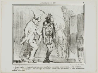 "- Koetsier, koetsier, je kunt me niet weigeren, je moet mijn leven redden... breng me levend terug naar de races! - Maar kom op, Spanjaard... wees redelijk... je hoeft niet bang te zijn voor de regen, want je draagt een jas!...," plaat 2 uit Le Carnaval D