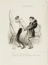 "- Genoeg, genoeg, het zit veel te strak!!! - Maar helemaal niet, Monsieur, deze stof staat u als gegoten!", bord 5 van Coquetterie