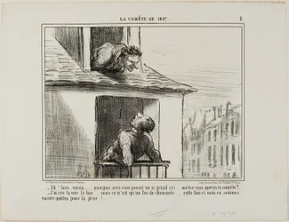 "- Hallo, buurman... waar ging al dat geschreeuw over... heb je de komeet gezien - Ik dacht dat ik hem daar had gezien... maar toen was het gewoon het vuur uit een schoorsteen... deze keer kwamen we er met de schrik vanaf," plaat 3 uit La Cométe De 1857