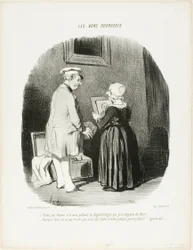 "- Hier, mijn vrouw, is mijn daguerreotype portret dat ik voor je meebracht uit Parijs... - Waarom heb je het mijne niet laten maken toen je daar was... rot op, egoïst!", plaat 28 uit Les Bons Bourgeois