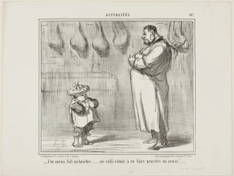 "- Ik had ook zo graag van hem een slager gemaakt... nu ben ik gedwongen om van hem een advocaat te maken," bord 467 van Actualités