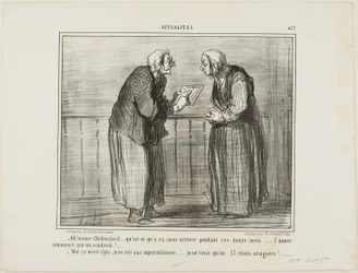 "Oh, Madame Chaboulard, ik vraag me af wat er de komende twaalf maanden gaat gebeuren... het nieuwe jaar begint op een vrijdag! ... - Kan me niet schelen, ik ben niet bijgelovig... Ik geloof alleen in het getal 13 en in spinnen!", plaat 477 uit Actualités