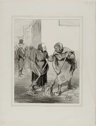 "Zeg eens, Madame. Giboulard ... bent u het er niet mee eens dat het niet erg aangenaam is voor vrouwen van ons geslacht, om elke dag zo naar beneden te komen, de goten van St. Honoré schoon te maken ... - Dat is waar, Madame Chaffarou, maar we kunnen onsz
