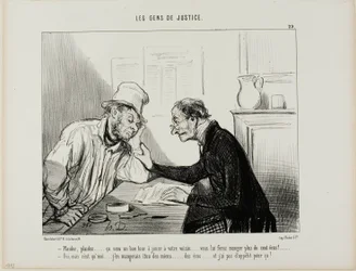 "- Klaag hem aan.....sue him..... Dat zou een goede truc zijn om met je buurman uit te halen... het zou al zijn spaargeld opeten, minstens 100 écus.... - Ja, maar ik zou ook van mijn spaargeld moeten eten en daar heb ik echt geen zin in....," plaat 29 van 