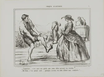 "- Wat Je perst de druiven met je voeten... - Tuurlijk, en het is helemaal niet vies... sinds ik mijn schoenen heb uitgedaan!", plaat 1 uit Croquis D