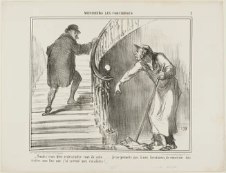 "Wilt u alstublieft onmiddellijk terugkomen... Ik sta niet toe dat mijn huurders bezoekers ontvangen nadat ik het trappenhuis heb schoongemaakt," bord 1 van Messieurs Les Concierges