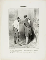 "- Je pak past.... Ik leen het van je... alleen, doe alsjeblieft de deur dicht, ik voel tocht op mijn rug. - Oh verdorie, de deur is dicht,..... maar je hebt net het enige pak geopend dat ik heb," plaat 5 uit Les Amis